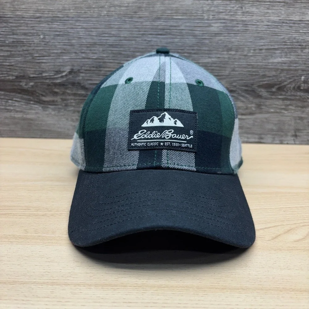 Eddie Bauer Hat Cap Strap Back Green Black Gray Plaid Patch Outdoor Hiking NWT
